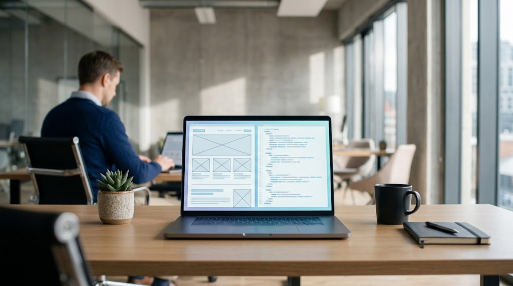 Laptop con mockup e codice di un sito web in fase di sviluppo